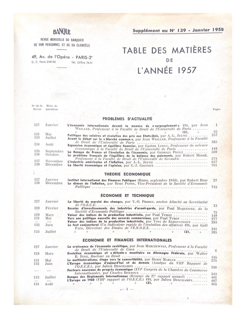 Table de matières de l'année 1957